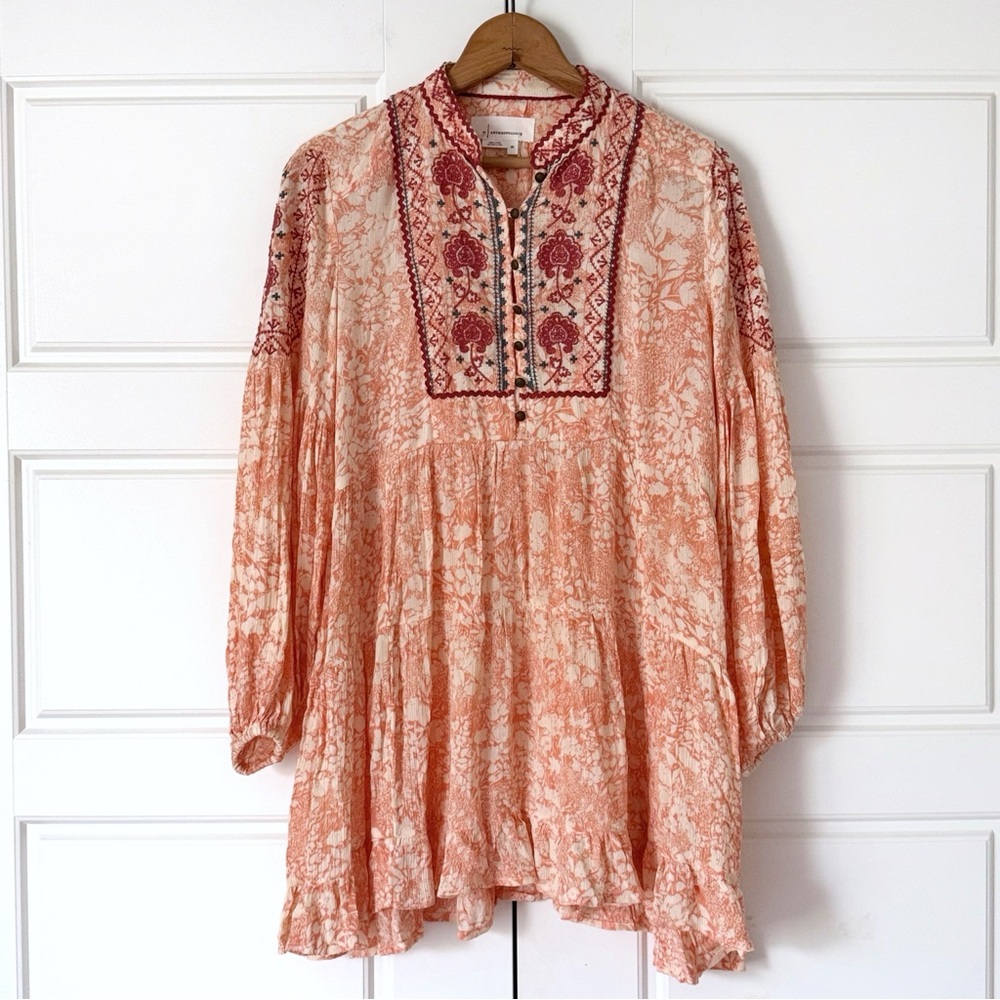 Anthropologie Boho Floral Embroidered Tunic Top XS Orange Festival Oversized